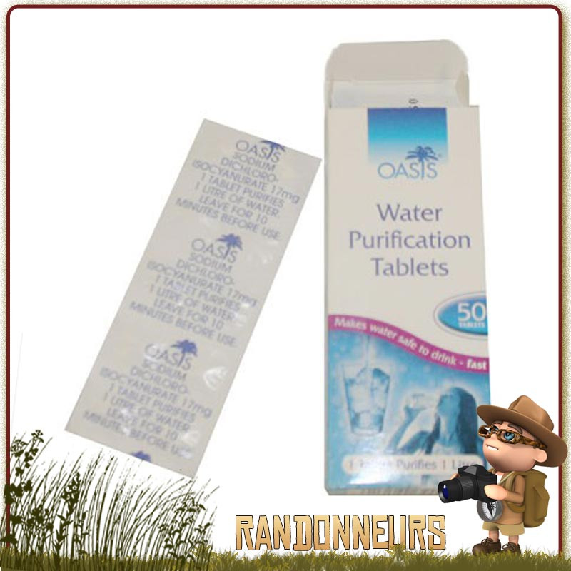 tablettes oasis, traitement de purification de l'eau contre les bactéries, virus et autres organismes de l'eau à base de chlore