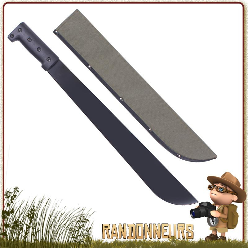 Machette Bush Pro Rothco, acier carbone S45C avec revêtement noir, manche en plastique Polyester. Étui nylon