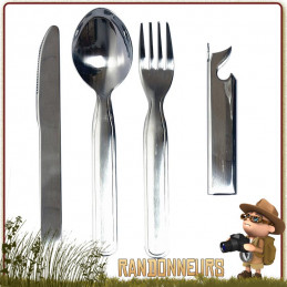 Set couverts de camping KFS Inox à usage militaire (couteau, cuiller, fourchette, ouvre boite, décapsuleur)